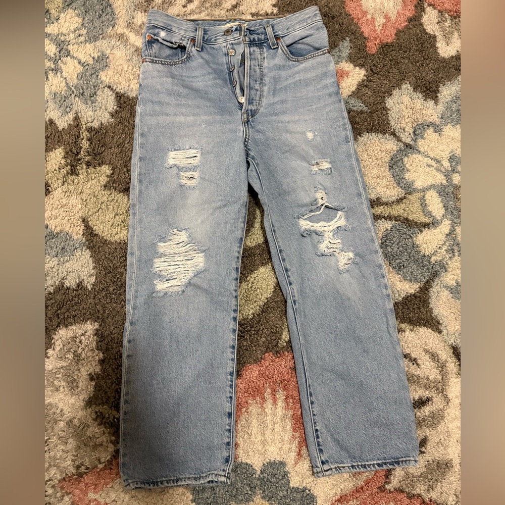 Levi's Light Blue Distressed Ribcage Straight Leg Jeans